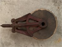 barn pulley red metal and wood single pulley