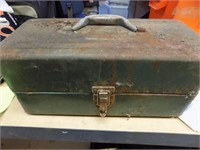 Green metal tackle box with contents
