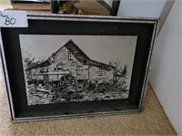 BLACK AND WHITE DRAWING OF OLD BARN WITH WATER WHE