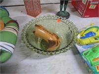GREEN GLASS BOWL & CARVED WOOD BOOT
