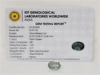 4.19ct Aquamarine Gemstone IDT Certified