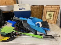 Cooler, trash cans, fly swatters, dust pans