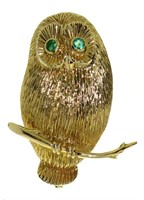 14kt Gold Antique Emerald Owl Pen-Brooch