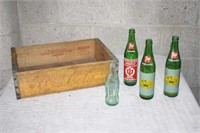 wood Coke crate, 2 - Notre Dame 7-up bottles