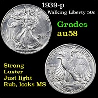 1939-p Walking Liberty 50c Grades Choice AU/BU Sli