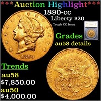 *Highlight* 1890-cc Liberty $20 Graded au58 detail
