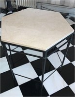 Marble top hexagon table, wrought iron base/ legs