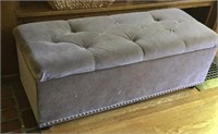 Grey fabric tufted storage bench, with hobnail