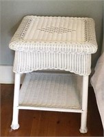 White resin wicker end table, 17 in x 17 in x