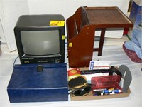 WOODEN MAGAZINE RACK/END TABLE, EMERSON TV/VCR,
