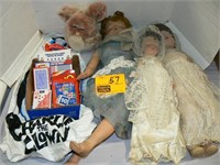 3 OLD BRIDE DOLLS, 2005 FURBY, BOX OF PLAYING