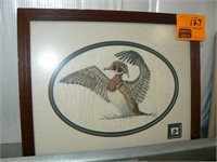 FRAMED CROSS-STITCH WOOD DUCK WITH 29-CENT STAMP