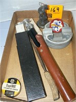 FLAT WITH SLIDE RULE, TRIPOD, OLD KNIFE