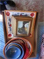 Décor plates, bowls, framed prints.