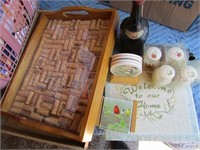 cork tray, liquor bottle(sealed), shakers.