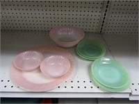 Fire king pink swirl glass and jadeite plates.