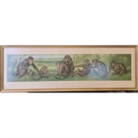 Rare Yard Long Monkey Lithograph 1904 "A Happy Fa