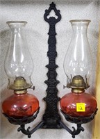 2 Oil Lamps on Cast Iron Wall Bracket