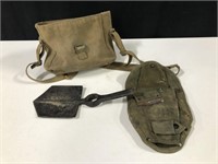 ANTIQUE MILITARY BAG AND CAST SHOVEL