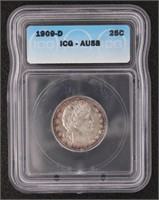 1909-D AU58 Barber Silver Quarter *KEY