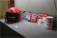 (2) Budweiser Signs, Budweiser Helmet & Budweiser