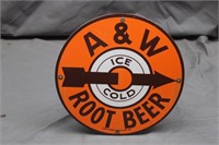 A&W Root Beer Ice Cold Porcelain Sign, Approx 12"