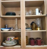 GROUP IN CABINET- DISHES, MISC MUGS, DECOR