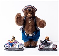 Lot of 2 Motorcycle Sculptures and Plush Bear