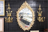 ORNATED WOODEN FARMED MIRROR AND CANDLE SCONCES