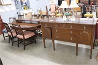 PEDESTAL DINNING ROOM TABLE WITH EIGHT CHAIRS AND