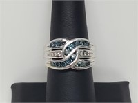 14K White Gold Ladies Ring Set Blue & White Diam.