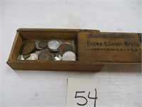 Wooden Box of misc Foreign Coins