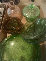 green glass platters, serving dishes, Candy
