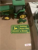 John Deere Bank metal sign and mini tractor