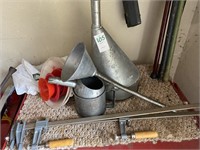 Assorted funnels, bar clamps, & bar clamps