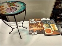 (2) Books & Small Metal Table w/ Glass Top