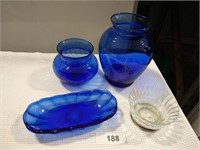 Cobalt Blue Dishes & Clear Glass Dish