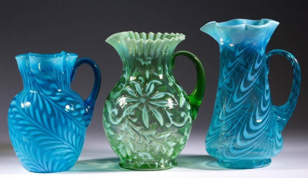 From a large selection of opalscent glass including many water pitchers.