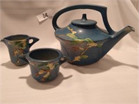 Roseville Blue Snowberry Teapot, Creamer &
