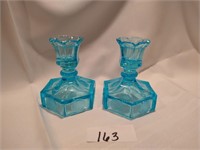 Fostoria Coin Glass Blue Candle Sticks