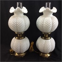 2 FENTON MILK GLASS HOB NAIL LAMPS