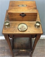 ANTIQUE SMOKING STAND, COPPER INLAY BOX
