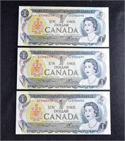 (3) CRISP SEQUENTIAL SERIAL # Canada 1973 $1 BILLS