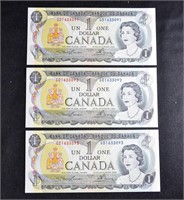 (3) CRISP SEQUENTIAL SERIAL # Canada 1973 $1 BILLS