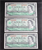 (3) CRISP SEQUENTIAL SERIAL # Canada 1967 $1 BILLS