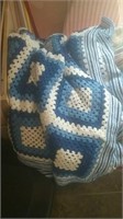 Blue and white crocheted afghan