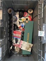 Gray plastic tool box with contents
