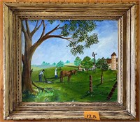 Early Oil on Canvas Farm Scene 26 x 24 Framed