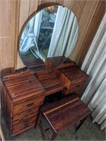 Vintage Cedar Vanity with Oval Mirror & Bench