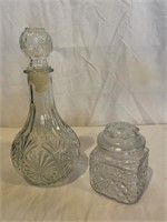 GLASS DECANTER AND 2 CANDY HOLDERS